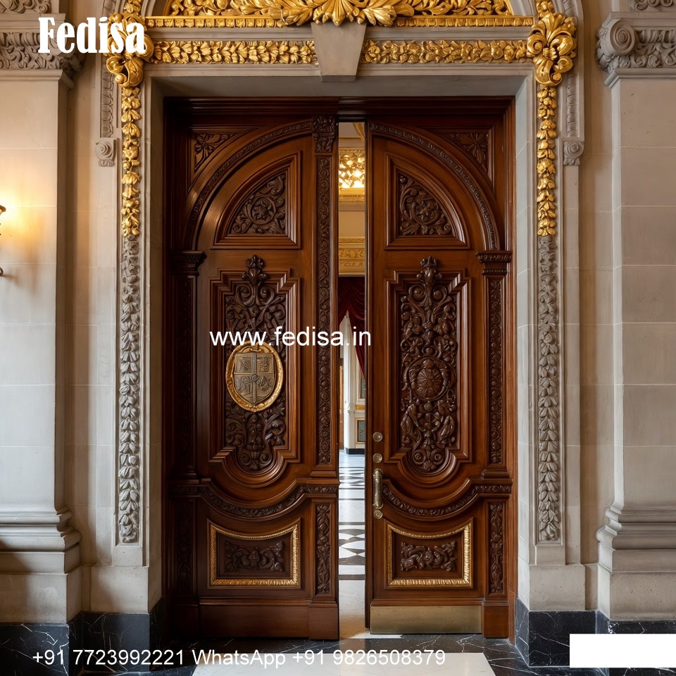 Engraved Wooden Door Double Door Grill Design No-10666